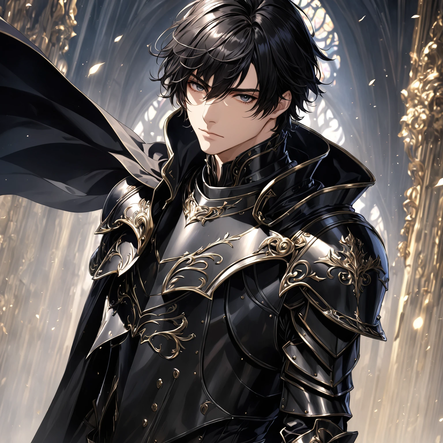 masterpiece, best quality, 1man, adult, male focus, solo, medium hair, black hair,, looking at viewer, cape, High quality metal texture, overcoat, closed mouth, upper body, bangs, high collar,(kbxll:0.6), Fantasy aesthetics, Highly detailed, shadowverse style, armored gloves, metallic gloves, black armor