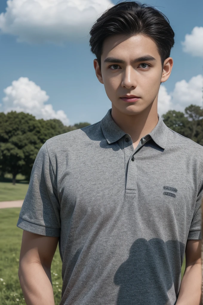 Young man in a gray polo shirt Standing on the edge of the meadow with an expression on his face, looking into the distance Turn your head slightly.，Cloudy day, coffee shop