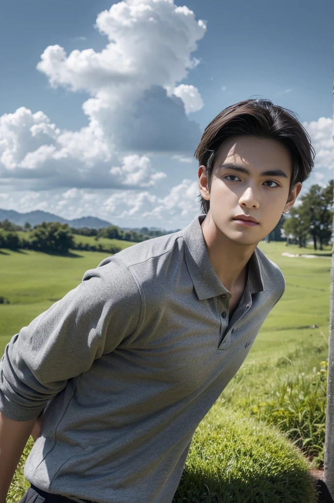 Young man in a gray polo shirt Standing on the edge of the meadow with an expression on his face, looking into the distance Turn your head slightly.,Cloudy day, coffee shop