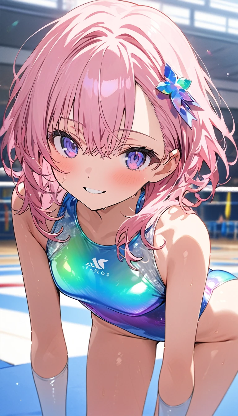 highquality illustration, masterpiece, very delicate and beautiful, attractive girl,(gymnastics leotard, Floral patterns leotard,long sleeve leotard with glittery decoration,high_leg leotard,athletic leotard,tight-fit leotard,iridescent gradient leotard,long-sleeve leotard),thin,slender body,slim,high school,gymnasium background,gymnastics club,gymnastics athlete,princess, beautiful eyes,light smile,(masterpiece, best quality:1.2), highres, extremely detailed CG unity 8k wallpaper, perfect lighting, Colourful, ultra-high res,4K,ultra-detailed, photography, 8K, HDR, 17 ages,