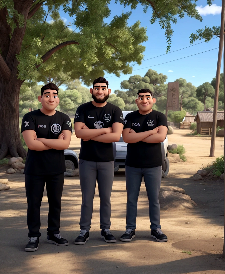 Create a Disney Pixar-style 3D model of three men of varying ages (approximately 25, 30 and 28 years old) with specific hair and beard characteristics. They must have their arms crossed and display confident smiles. The first character must wear a black t-shirt with logo, black pants and dark sneakers. The second must have short, curly hair, with full beard, wearing a black logo t-shirt, gray pants and black shoes. O terceiro deve ter cabelo curto combed back, wearing a black logo t-shirt, blue jeans and dark sneakers. The background should represent an outdoor area with trees and cars, stylized in the typical Pixar colorful and vibrant look. Left Character:
kor: approximately 25 years.
body hair: 小柄, hairstyle to the side.
muka: Young and friendly traits, com um leve sorriso.
outfit: Black t-shirt with logo on the left chest, black pants and dark sneakers.
stance: with arms crossed, displaying a confident posture.
Middle Character:
kor: approximately 30 years old.
body hair: 小柄, curly and slightly shaved on the sides.
Barba: complete, well cared.
muka: Soft and striking expressions, with a confident smile.
outfit: Black t-shirt with logo on the left chest, gray pants and black shoes.
stance: with arms crossed, displaying a confident posture e amigável.
Right Character:
kor: approximately 28 years old.
body hair: 小柄, combed back.
muka: Defined features and a friendly smile.
outfit: Black t-shirt with logo on the left chest, blue jeans and dark sneakers.
stance: with arms crossed, com uma postura confiante.
Pixar-style:
visual style: Characters must be drawn with exaggerated features typical of Pixar, like big, expressive eyes, soft facial details and a cartoonish feel, but maintaining the similarity with the people in the image.
texture: texture de pele suave, with a slight bright hue.