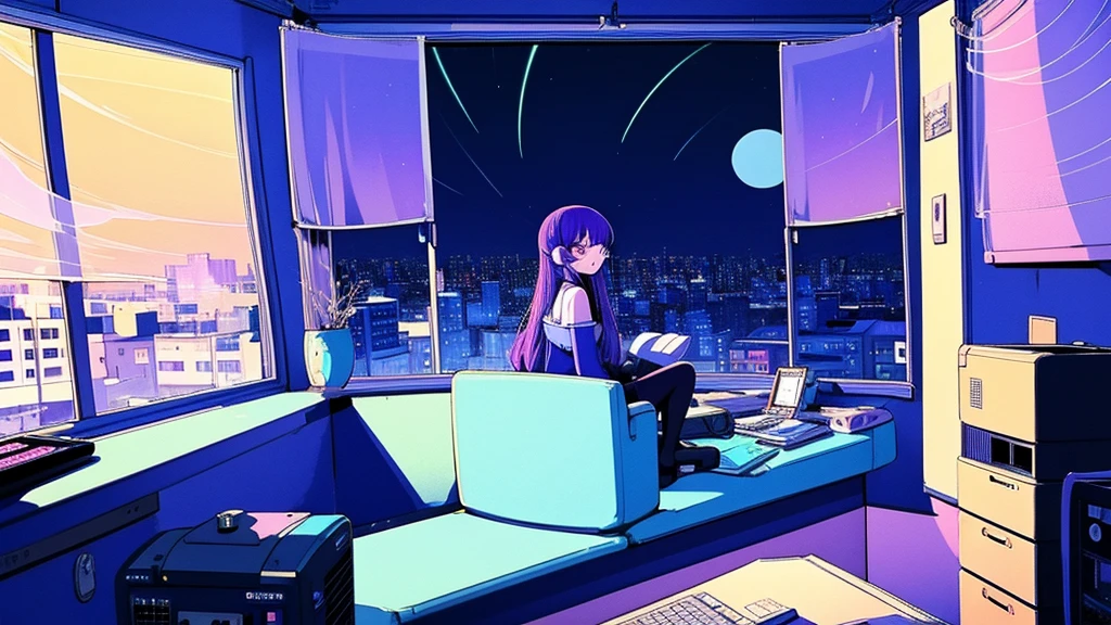 (from behind), Anime girl sitting in front of a computer in a cozy bedroom, Girl listening to music while studying in a cozy room (night), Using headphones, on the roof, (beautiful night views from windows), lots of things, 2D anime style, The aesthetics of anime in the 90s, lo-fi, long hair, very detailed, Hard disk, A mix of anime style and Fujifilm, surreal, 8K, masterpiece, violet eyes,black gloves, round glasses, long sleeves,violet hair, round glasses, Flat Chest, smile, pantyhose