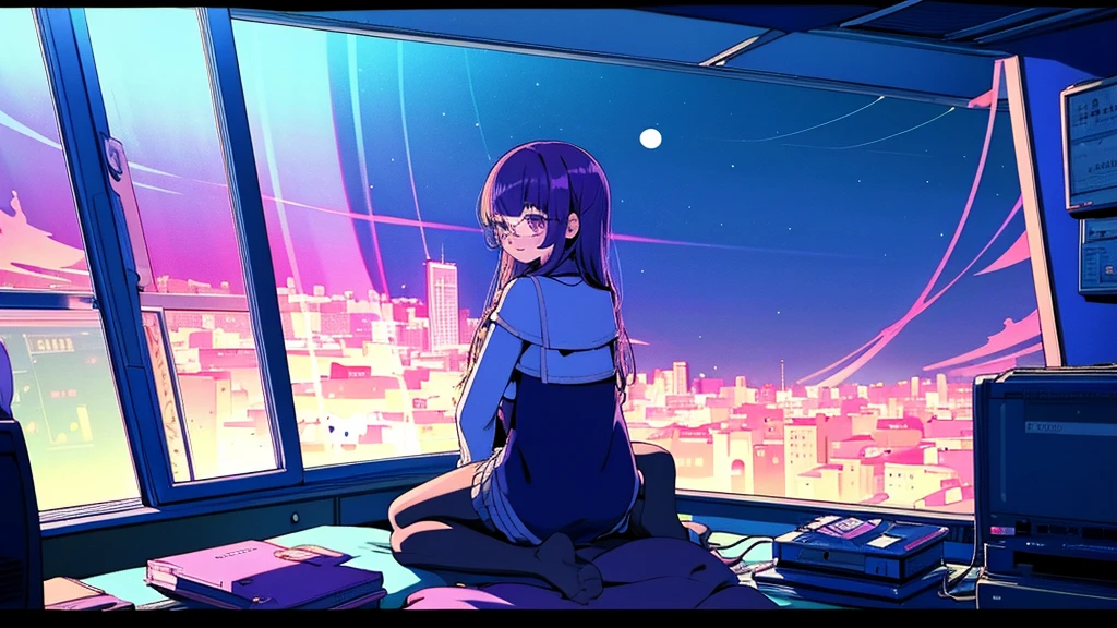 (from behind), Anime girl sitting in front of a computer in a cozy bedroom, Girl listening to music while studying in a cozy room (night), Using headphones, on the roof, (beautiful night views from windows), lots of things, 2D anime style, The aesthetics of anime in the 90s, lo-fi, long hair, very detailed, Hard disk, A mix of anime style and Fujifilm, surreal, 8K, masterpiece, violet eyes,black gloves, round glasses, long sleeves,violet hair, round glasses, Flat Chest, smile, pantyhose