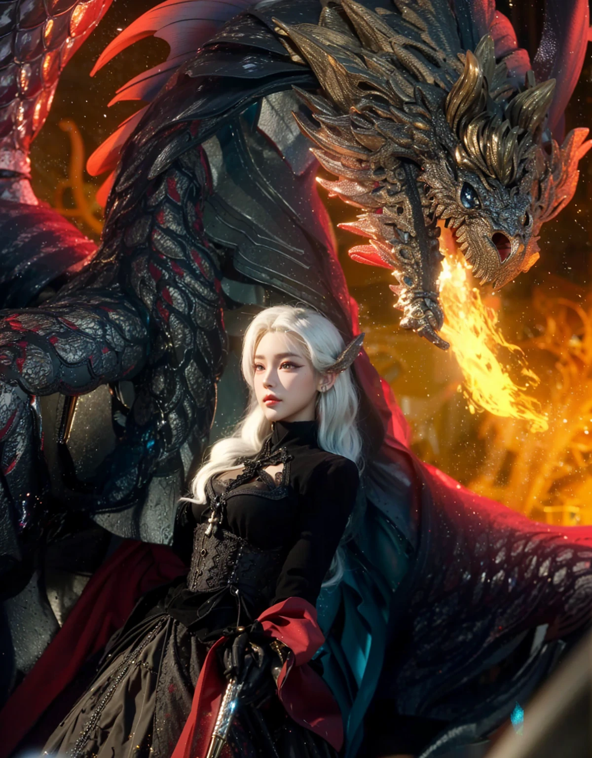 Game Art，CG Animation，Best image quality，Maximum resolution，8K picture quality，(A bust photo)，(portrait)，(Head close-up)，(Rule of Thirds)，Unreal Engine 5 rendering works，20 year old girl，((Queen))，The eyes are very detailed，(Large Breasts)，Elegance and nobility，Ray Tracing，Game CG，((3D Unreal Engine))，OC rendering reflection mode，4K，Ultra-clear，Translucent lace，Fair and plump figure，Pretty Face，Glossy Gel Coat，身着华贵礼服的Queen，Gorgeous clothing，Luxurious and exquisite jewelry，Colorful makeup，Full figure，Dark red lipstick，精致Gorgeous clothing，Supermodel，Gold Jewelry，Luxurious clothing，White-haired witch，Dragon