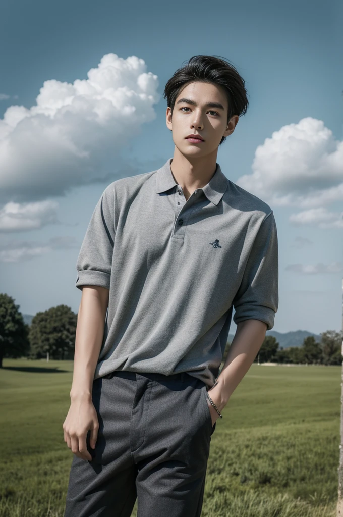 Young man in a gray polo shirt Standing on the edge of the meadow with an expression on his face, looking into the distance Turn your head slightly.，Cloudy day, coffee shop