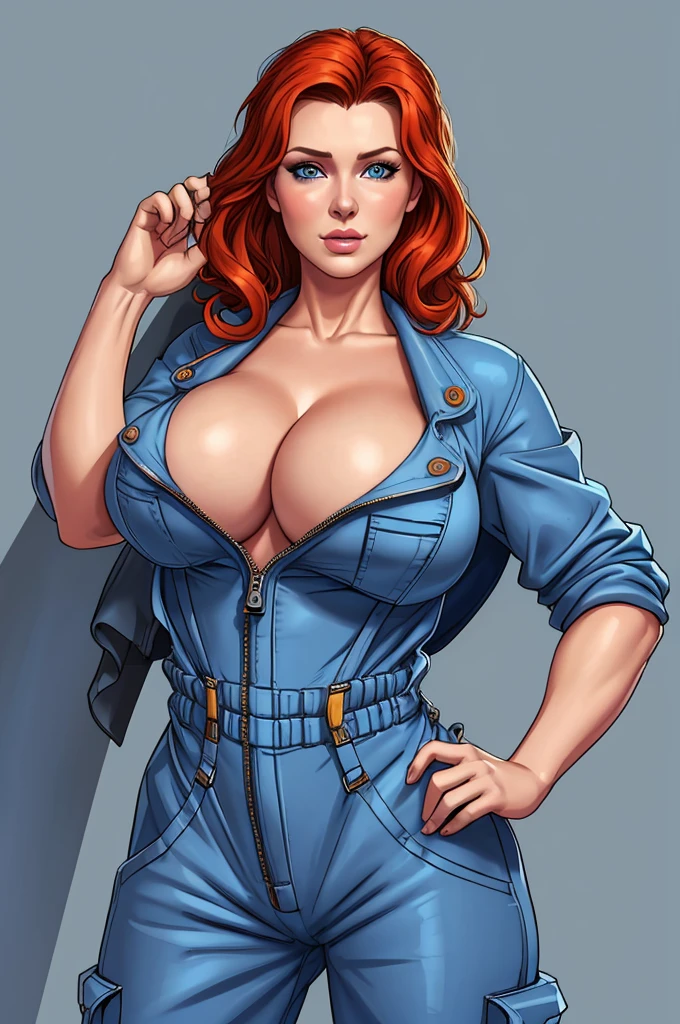 Brigid Brannagh, gorgeous mechanic, blank background, blue coverall, cleavage, no shirt, sfw