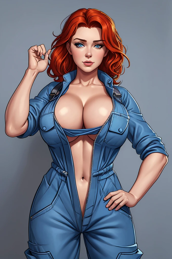 Brigid Brannagh, gorgeous mechanic, blank background, blue coverall, cleavage, no shirt, sfw