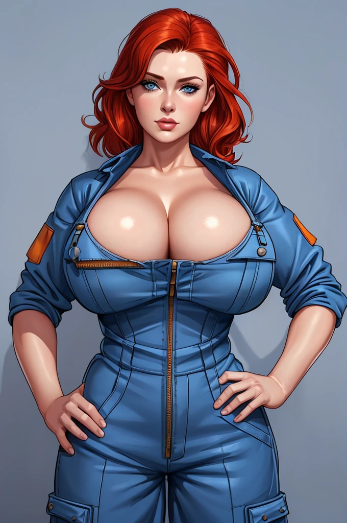 Brigid Brannagh, gorgeous mechanic, blank background, blue coverall, cleavage, no shirt, sfw
