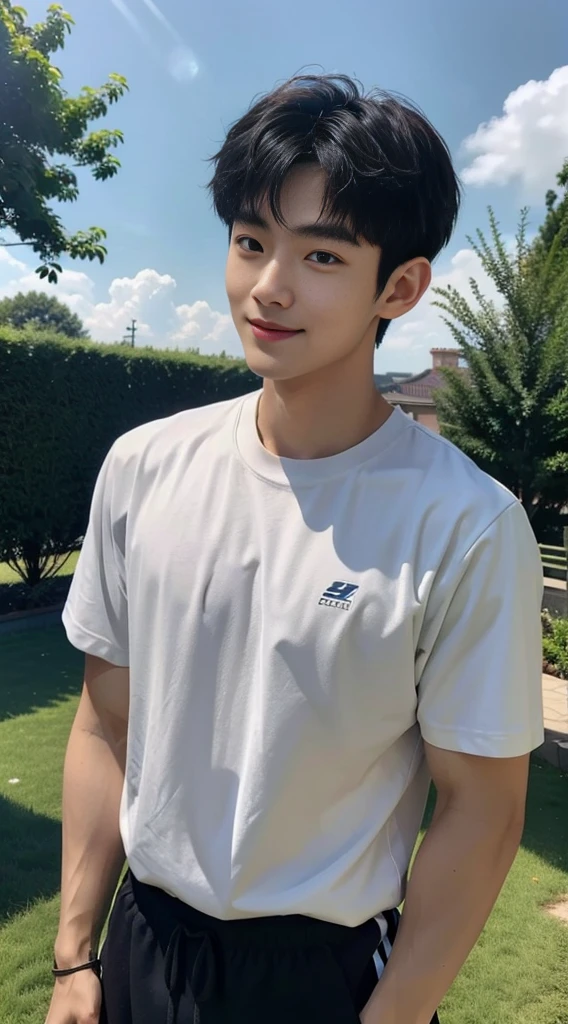 (As a matter of fact, Masterpiece, 8k HD, good light quality, sportswear, fit the face, complicated details), A handsome, muscular young Korean man. , 20 years old, be happy, smile brightly, detailed face, delicate eyes, มองดูsky, Wear a navy tight T-shirt.:1.6, period, black eyes, Black hair color, ผมsmooth, smooth, outdoor sports, Along the garden, Sunny,sky，Surreal，Awesome details，Highest quality，real，Open your mouth to talk.