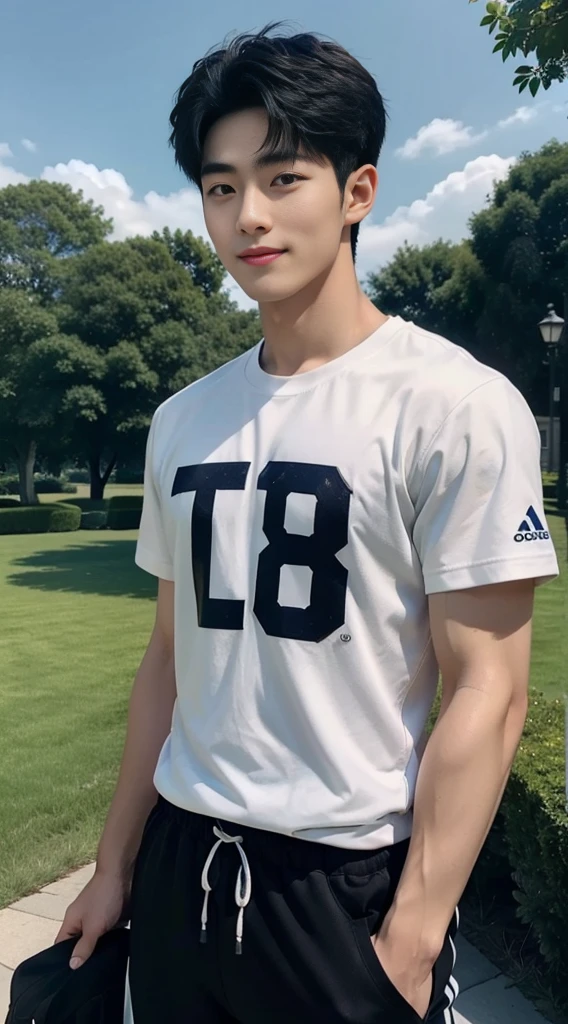 (As a matter of fact, Masterpiece, 8k HD, good light quality, sportswear, fit the face, complicated details), A handsome, muscular young Korean man. , 20 years old, be happy, smile brightly, detailed face, delicate eyes, มองดูsky, Wear a navy tight T-shirt.:1.6, period, black eyes, Black hair color, ผมsmooth, smooth, outdoor sports, Along the garden, Sunny,sky,Surreal,Awesome details,Highest quality,real,Open your mouth to talk.