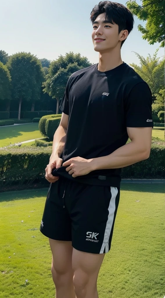 (As a matter of fact, Masterpiece, 8k HD, good light quality, sportswear, fit the face, complicated details), A handsome, muscular young Korean man. , 20 years old, be happy, smile brightly, detailed face, delicate eyes, มองดูsky, Wear a navy tight T-shirt.:1.6, period, black eyes, Black hair color, ผมsmooth, smooth, outdoor sports, Along the garden, Sunny,sky,Surreal,Awesome details,Highest quality,real,Open your mouth to talk.