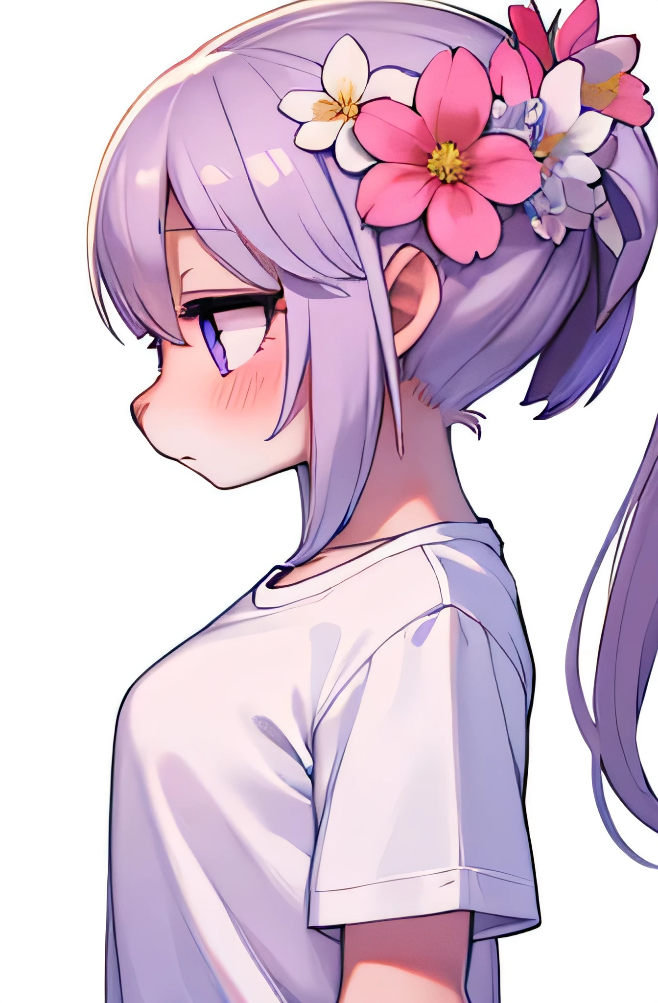 Best Quality, Masterpiece, extremely detailed, detailed background, 1 girl, Alone, wide, flower, blue fur, White background, pink flower, simple background, profile, Upper part of the body, shirt, white shirt, white flower, bow, hits, purple eyes, move, blush
