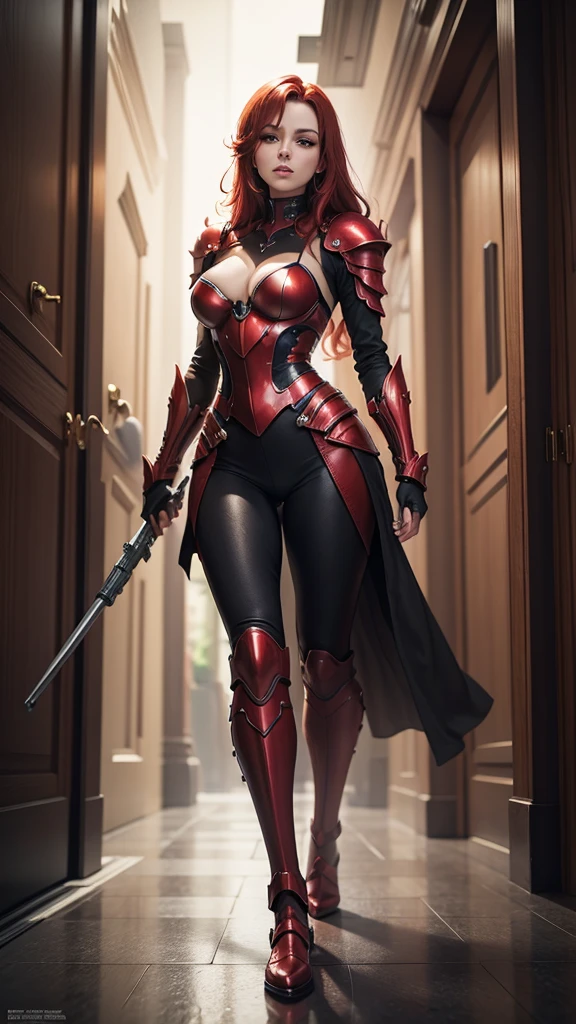 masterpiece, best quality, high resolution, full body, red hair, cyber metal armor, elegant