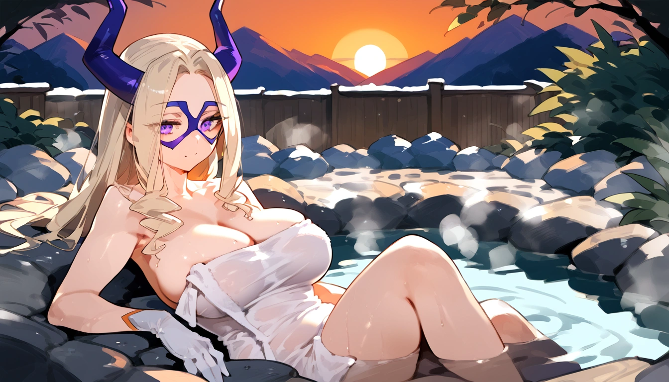 anime artwork, score_9, score_8_up, score_7_up, score_6_up, score_5_up, score_4_up, Mount Lady, blonde hair, purple eyes, big breasts, she is 24 years old, style_3, , , , onsen, nude,naked, towel, sunset