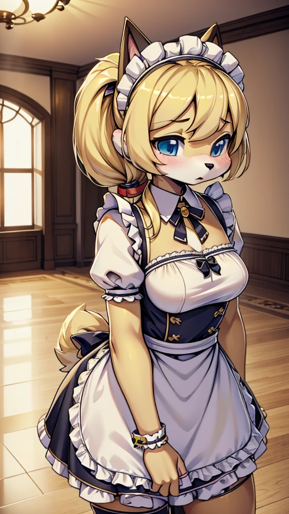 Dog Girl，Maid costume，Anthropomorphic Labrador，Anthropomorphic Golden Retriever，全身Blonde hair，Blonde hair，全身Blonde hair，Gentle temperament，hairy，hairy，hairy，hairy，hairy，furry，furry，furry，furry，furry girl，cute温柔，Indoor background，Mansion Background，Hall background，Low Ponytail，Low Ponytail，Folded dog ears，Folded dog ears，Folded ears with big ears，hairy耳朵，cute