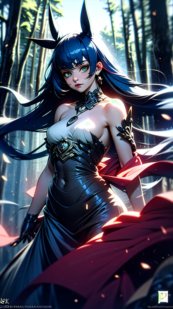 ((Masterpiece, best quality)),(illustration),(detailedlight),((Very delicate and beautiful)),1 woman,GodolphinArab,long hair,blue hair,green eyes,หูhorse,horse,hair_decorations,white dress, bare shoulders, ,Sleeveless,evening dress,long dress,outdoor, light,sky, horizon, Prado, forest, 1 woman