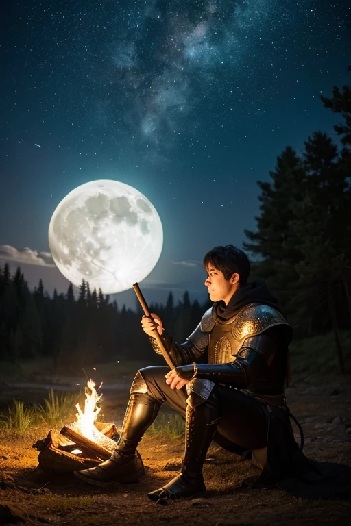 alone,(Dragon), Humanity, male, ((black body)), scale, tail, muscle, good looking, armor, Medieval, Fantasy, 屋outside, outside, dark, night, forest, campfire, camp, performer, Sitting, Toe Nails, amazing, Depth of written boundary, Perfect lighting, (Particles of light),(Highest quality),(masterpiece),(ultra tailed),Sharp focus,Particles of light、Colorful Sky、Big Moon