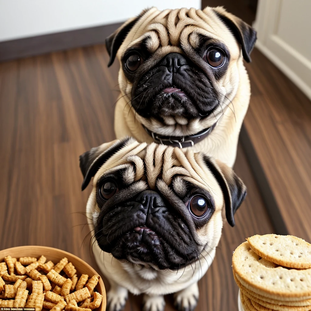 snack time: A scene where a pug is happy to receive his favorite treat。With sparkling eyes full of anticipation as they gaze upon the snack、It's so cute how he happily wags his tail。