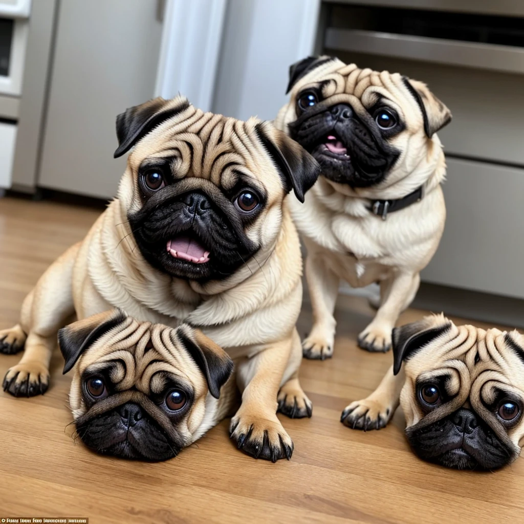 snack time: A scene where a pug is happy to receive his favorite treat。With sparkling eyes full of anticipation as they gaze upon the snack、It&#39;s so cute how he happily wags his tail。