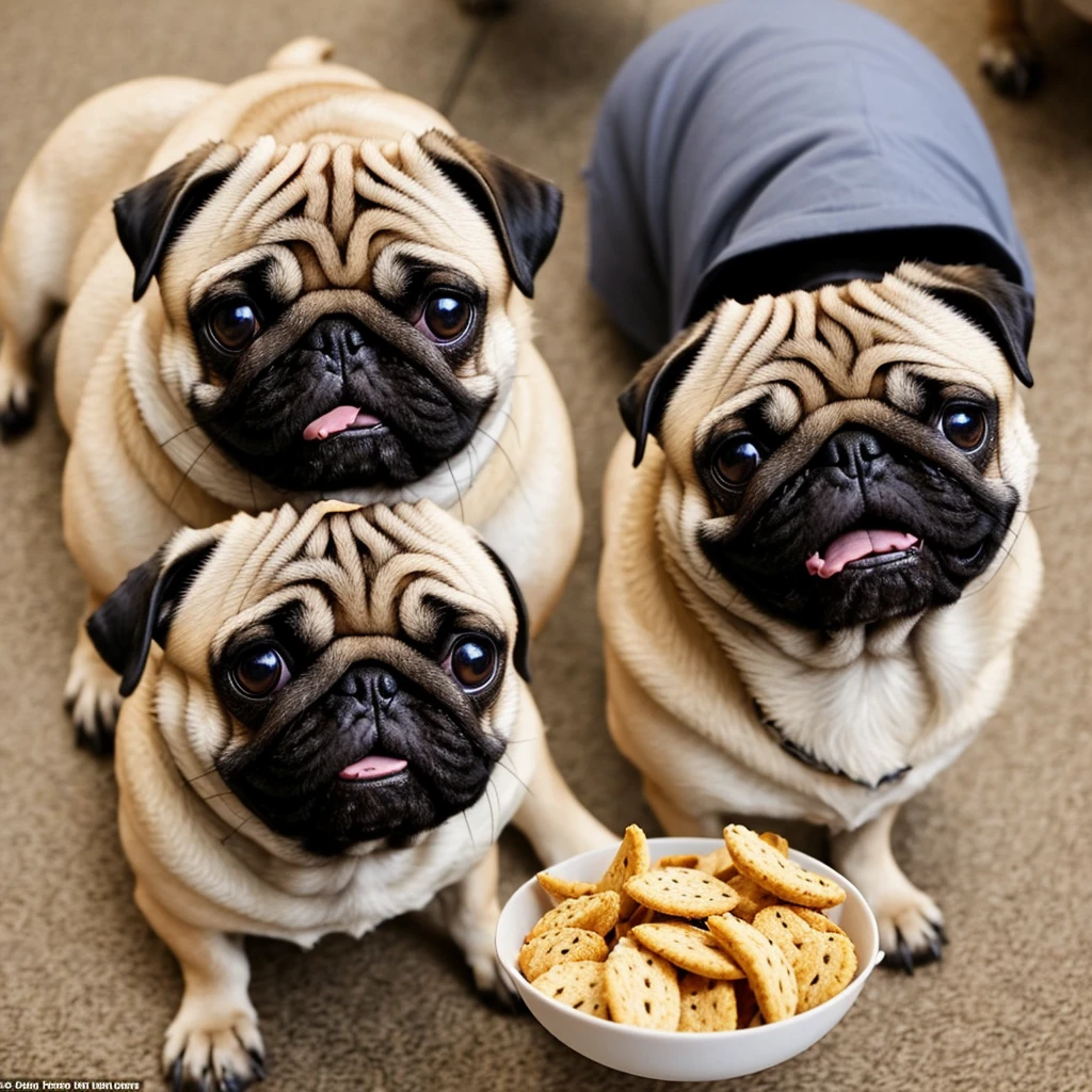 snack time: A scene where a pug is happy to receive his favorite treat。With sparkling eyes full of anticipation as they gaze upon the snack、It&#39;s so cute how he happily wags his tail。