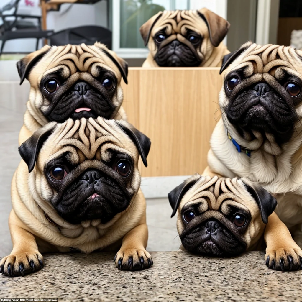 snack time: A scene where a pug is happy to receive his favorite treat。With sparkling eyes full of anticipation as they gaze upon the snack、It&#39;s so cute how he happily wags his tail。