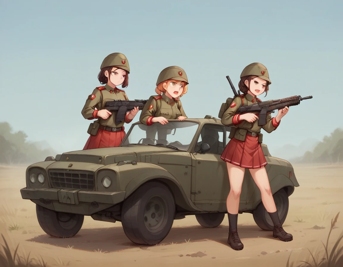 A platoon of girls wearing bright red military uniforms and long red skirts、A girl platoon leader wearing a red military uniform and equipped with an anti-material rifle and a handgun、Three soldier girls in red military uniforms equipped with assault rifles and rocket launchers、Infantry fighting vehicle