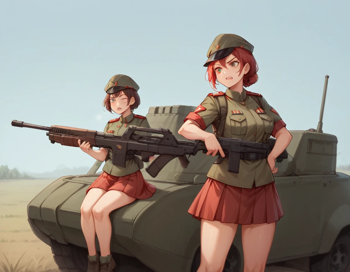 A platoon of girls wearing bright red military uniforms and long red skirts、A girl platoon leader wearing a red military uniform and equipped with an anti-material rifle and a handgun、Three soldier girls in red military uniforms equipped with assault rifles and rocket launchers、Infantry fighting vehicle