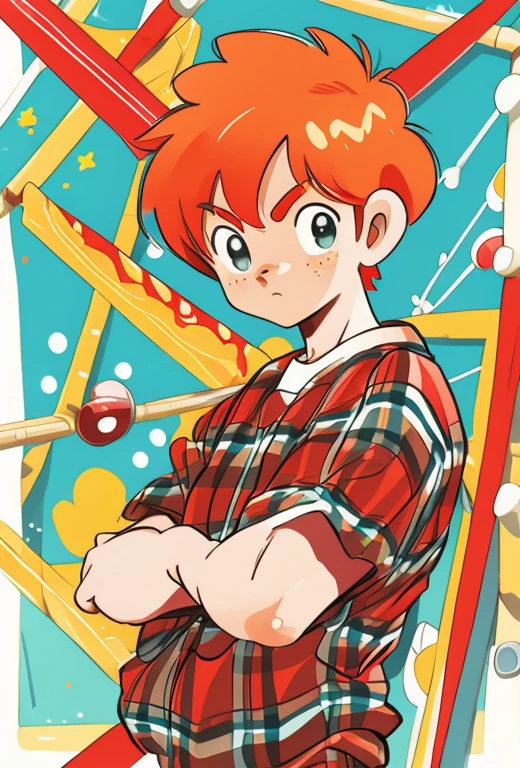 cute 12-years-old ginger irish kid boy, freckles, red plaid shirt, athletic physique, strong body, Mitsuru Adachi art style