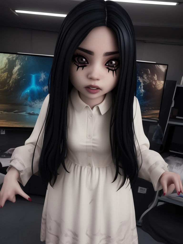 Sadako,  long black hair, facing viewer,  pale skin, hair over eyes,
White dress, long sleeves ,dirty clothes,     
solo, standing,  short, ねんどろいど、かわいい、
dark room, large TVs,    
(insanely detailed, beautiful detailed face, masterpiece, best quality)  