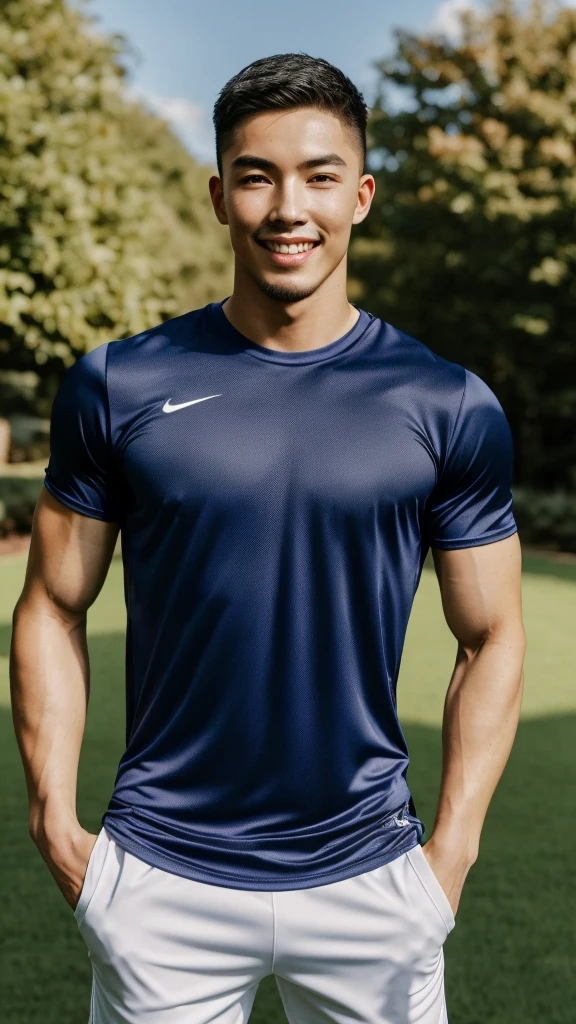 Tony Labrusca, (As a matter of fact, Masterpiece, 8k HD, good light quality, sportswear, fit the face, complicated details), A handsome, muscular young Korean man. , 20 years old, be happy, smile brightly, detailed face, delicate eyes, มองดูsky, Wear a navy tight T-shirt.:1.6, period, black eyes, Black hair color, ผมsmooth, smooth, outdoor sports, Along the garden, Sunny,sky,Surreal,Awesome details,Highest quality,real,Open your mouth to talk.