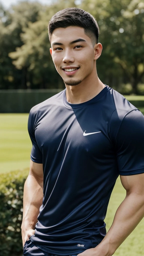 Tony Labrusca, (As a matter of fact, Masterpiece, 8k HD, good light quality, sportswear, fit the face, complicated details), A handsome, muscular young Korean man. , 20 years old, be happy, smile brightly, detailed face, delicate eyes, มองดูsky, Wear a navy tight T-shirt.:1.6, period, black eyes, Black hair color, ผมsmooth, smooth, outdoor sports, Along the garden, Sunny,sky，Surreal，Awesome details，Highest quality，real，Open your mouth to talk.