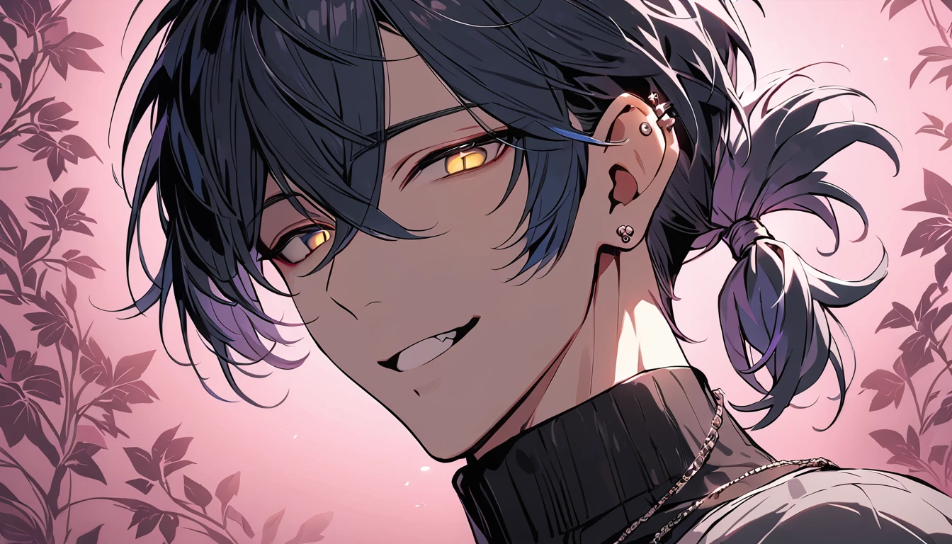 ((((best masterpiece, best quality, wallpaper,)))) solo, guy, male body, small muscles, flat chest, 1male, 30 years old, handsome man, dramatic angle, upper body, looking at viewers, beautiful detailed, seductive smile, mediumturquoise hair, ((((Lower short ponytail)))), asymmetrical bangs, ((short hair,)) ((( jitome, gold eyes, ^o^, tareme, droopy eyes,))) (((perfect face, extremely detailed eyes,))) perfect hands, sharp nose, clear face, black turtleneck, grey cardigan, ((silver piercing, pendant,)) leggings, pink background color ultrasharp, 8K, masterpiece,