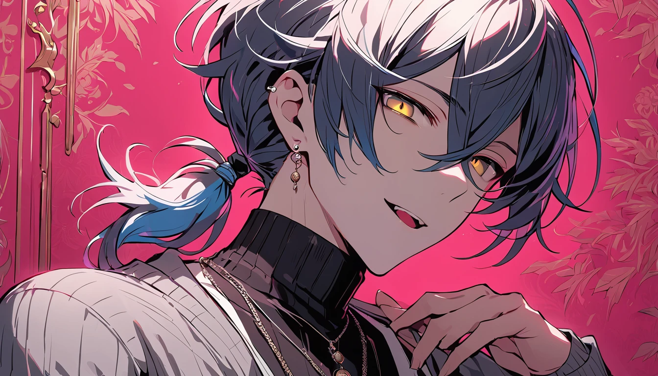 ((((best masterpiece, best quality, wallpaper,)))) solo, guy, male body, small muscles, flat chest, 1male, 30 years old, handsome man, dramatic angle, upper body, looking at viewers, beautiful detailed, seductive smile, mediumturquoise hair, ((((Lower short ponytail)))), asymmetrical bangs, ((short hair,)) ((( jitome, gold eyes, ^o^, tareme, droopy eyes,))) (((perfect face, extremely detailed eyes,))) perfect hands, sharp nose, clear face, black turtleneck, grey cardigan, ((silver piercing, pendant,)) leggings, pink background color ultrasharp, 8K, masterpiece,