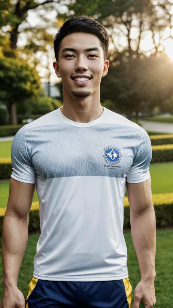 Tony Labrusca, (As a matter of fact, Masterpiece, 8k HD, good light quality, sportswear, fit the face, complicated details), A handsome, muscular young Korean man. , 20 years old, be happy, smile brightly, detailed face, delicate eyes, มองดูsky, Wear a navy tight T-shirt.:1.6, period, black eyes, Black hair color, ผมsmooth, smooth, outdoor sports, Along the garden, Sunny,sky,Surreal,Awesome details,Highest quality,real,Open your mouth to talk.