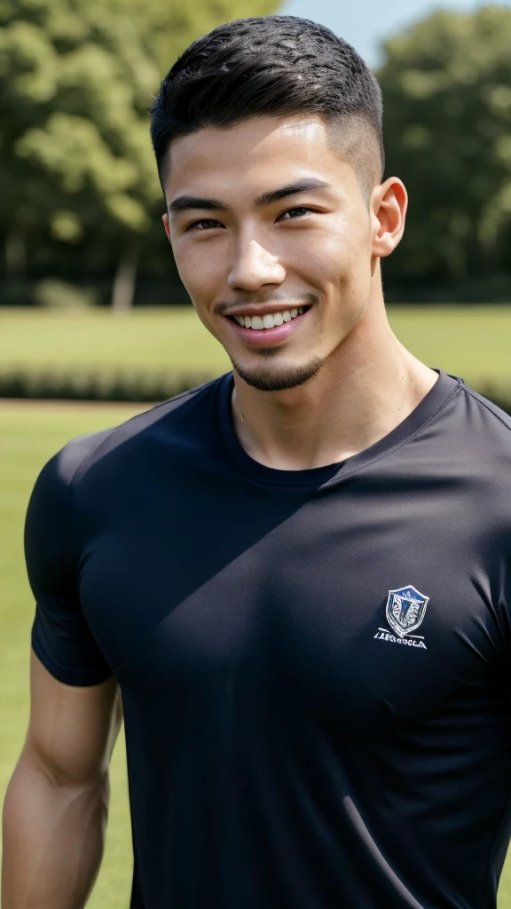 Tony Labrusca, (As a matter of fact, Masterpiece, 8k HD, good light quality, sportswear, fit the face, complicated details), A handsome, muscular young Korean man. , 20 years old, be happy, smile brightly, detailed face, delicate eyes, มองดูsky, Wear a navy tight T-shirt.:1.6, period, black eyes, Black hair color, ผมsmooth, smooth, outdoor sports, Along the garden, Sunny,sky，Surreal，Awesome details，Highest quality，real，Open your mouth to talk.