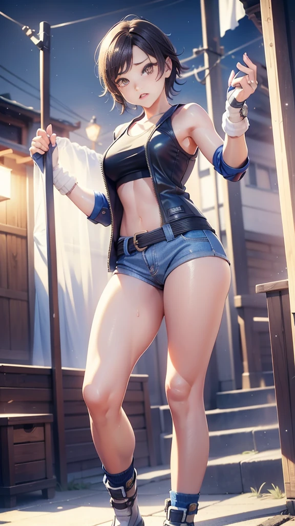street dancer, short hair, brown hair, yellow glowing eyes, perfect lips, Face full of scars、Skin shiny with sweat、 injured scared girl、 crying wet bursting out eyes, real tears streaming down face, ultra-detailed eyes,bandaid on face,covered with mud,expression of despair,Illumination that emphasizes shiny sweat{{{Spread }}},(crotch rope walking:1.0),cute expression, cute face,victory pose, dinamic pose, fingerless gloves, gun, tank top, jacket, cute pose, ultra detailed face, long eyelashes, sharp eyes , Fullbody shot, dinamic viewer, night sky , dinamic point of view,