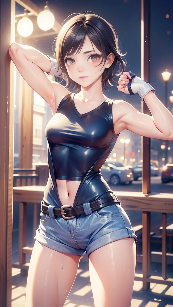 street dancer,  short hair, brown hair, yellow glowing eyes, perfect lips, Face full of scars、Skin shiny with sweat、 injured scared girl、 crying wet bursting out eyes, real tears streaming down face, ultra-detailed eyes,bandaid on face,covered with mud,expression of despair,Illumination that emphasizes shiny sweat{{{Spread }}},(crotch rope walking:1.0),cute expression, cute face,victory pose, dinamic pose, fingerless gloves, gun, tank top, jacket, cute pose, ultra detailed face, long eyelashes, sharp eyes , Fullbody shot, dinamic viewer, night sky , dinamic point of view, 