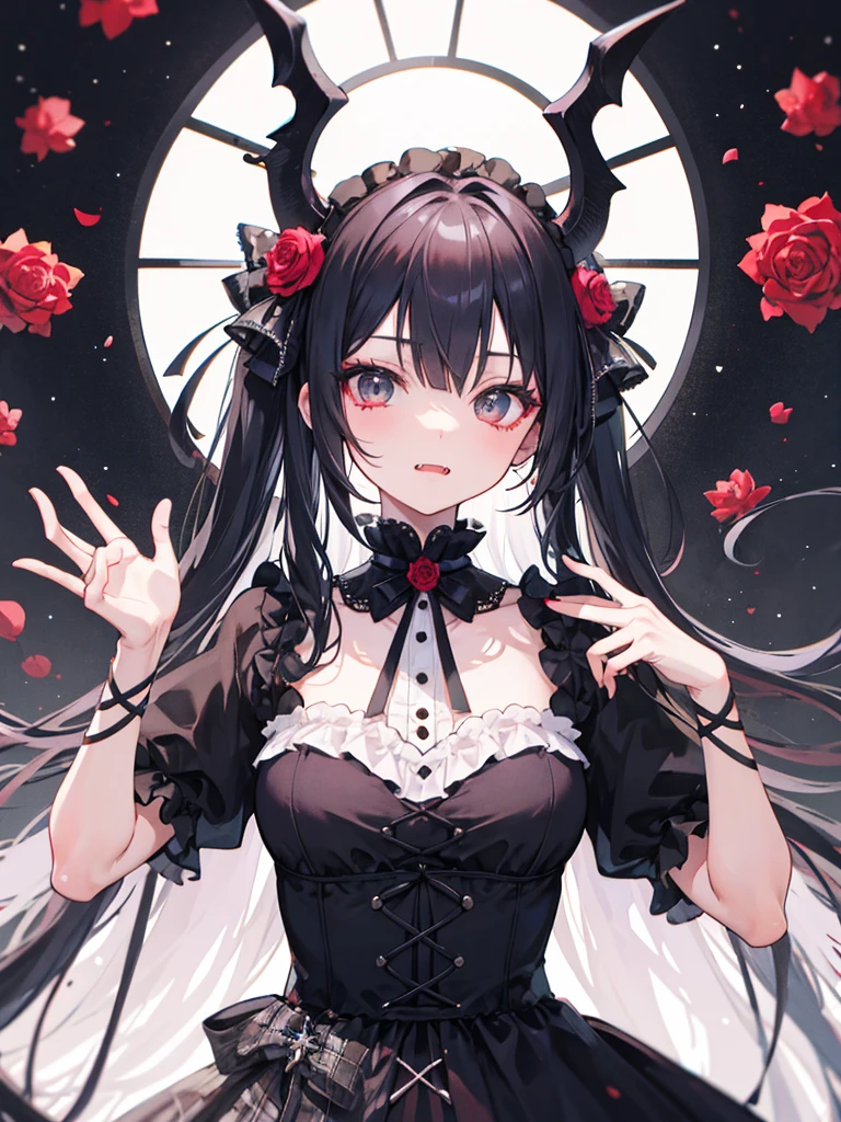 Vampire, fangs, plaid dress, super gorgeous, extremely detailed, complicated hairstyle, bow, lolita fashion, lolita style, anime girl cosplay, , cute, angelic pretty, , portrait of lolita girl, red checker, y 2k, y2k, emo style, non-mainstream, red checker, mine-series girl, harajuku style, exaggerated dressing, intricate ornaments, rock style, gothic style, demon horn, vine wrapped around the hand, thorn rose