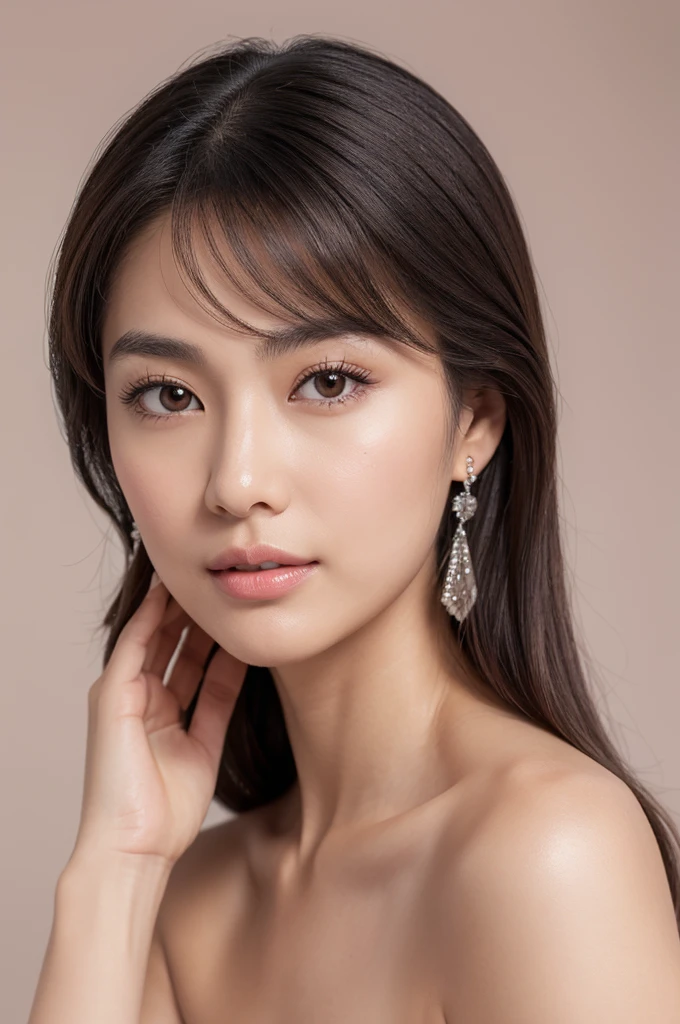 Photorealistic portrait of a 31-year-old Japanese actress, Kasumi Arimura inspired, distinctly East Asian features, soft oval face with gentle jawline and subtly rounded chin, smooth flawless skin with natural subtle yellowish undertone, large captivating almond-shaped dark brown eyes, visible single eyelid fold, straight black eyelashes, low and flat nose bridge with slightly upturned nose tip, full pink lips with gentle curve, prominently soft and plump cheeks with natural fullness giving a youthful and gentle appearance, subtle cheekbones without sharp angles, long lustrous straight black hair with dark brown undertones reaching past shoulders, wispy side-swept bangs framing face, hair parted slightly off-center, slender graceful neck, yet elegant figure at 160cm tall, wearing a form-fitting off-shoulder black dress or intricate white lace top, small dangling silver earrings, minimal natural makeup with soft peachy blush on rounded cheeks, light pink lip tint and subtle taupe eyeshadow, neatly groomed straight eyebrows, soft diffused studio lighting creating a warm glow, high-key portrait style, ultra high-resolution 8K photograph, gentle and warm expression with a subtle, close-lipped smile, direct eye contact with camera conveying both sweetness and maturity, known for versatile roles in popular Japanese dramas and films