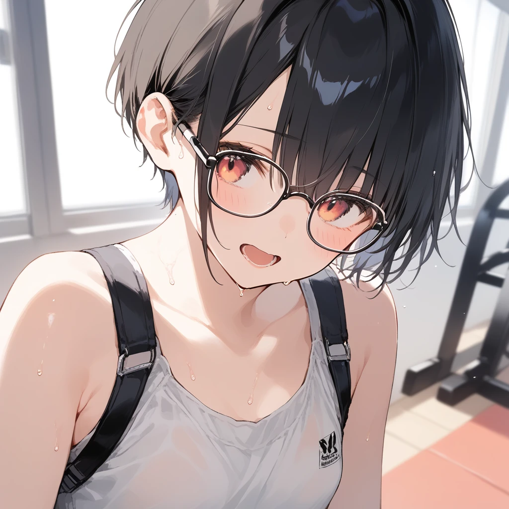 score_9, score_8_up, score_7_up, source_anime, best quality, masterpiece, official art, absurdres, highres, ultra-detailed,waifu2x,Collection: Slice of Life,break,1girl, very short hair,pixie cut, long bangs, glasses, uniform, small breasts, sweat, open mouth, (wavy mouth:0.3), indoors, gym, summer, break,(clear line illustration:1.2),very high resolution, very aesthetic, super detailed skin, Best sexual lighting powered by famous artist, 8k,cute picture,beauty illustration,photoshop_(medium),,(Detailed Lighting),best anime 8k konachan wallpaper, pixiv contest winner,