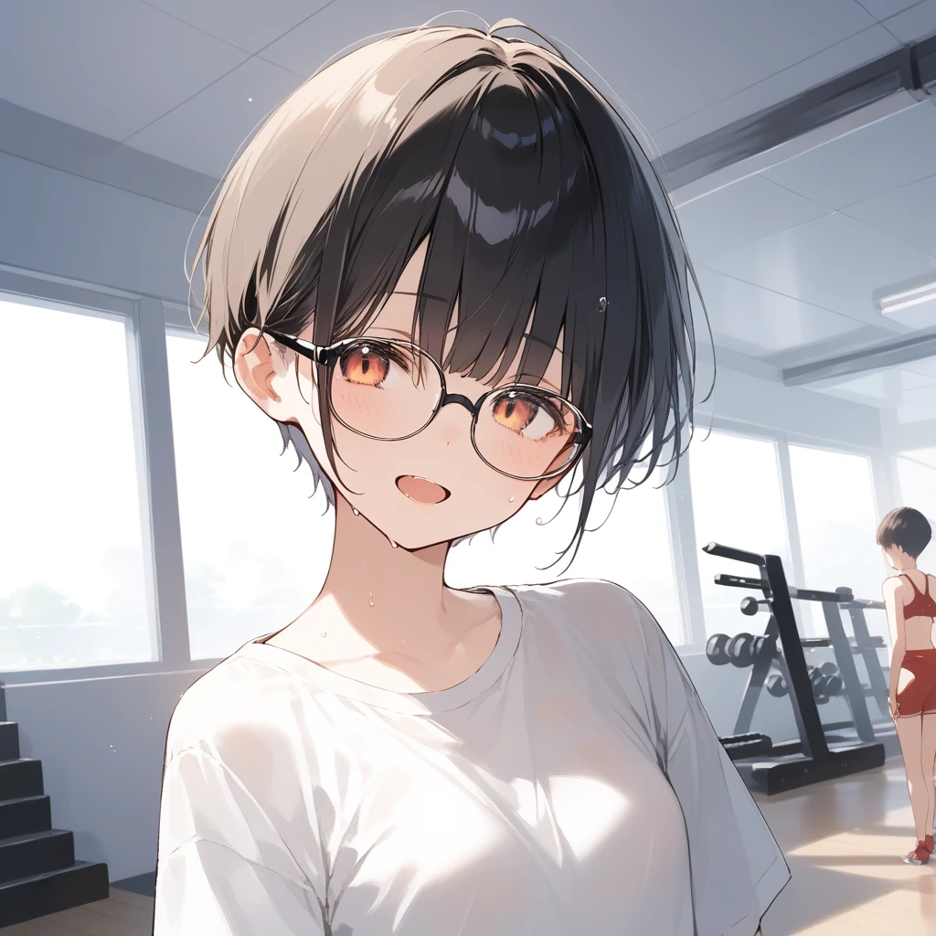 score_9, score_8_up, score_7_up, source_anime, best quality, masterpiece, official art, absurdres, highres, ultra-detailed,waifu2x,Collection: Slice of Life,break,1girl, very short hair,pixie cut, long bangs, glasses, uniform, small breasts, sweat, open mouth, (wavy mouth:0.3), indoors, gym, summer, break,(clear line illustration:1.2),very high resolution, very aesthetic, super detailed skin, Best sexual lighting powered by famous artist, 8k,cute picture,beauty illustration,photoshop_(medium),,(Detailed Lighting),best anime 8k konachan wallpaper, pixiv contest winner,