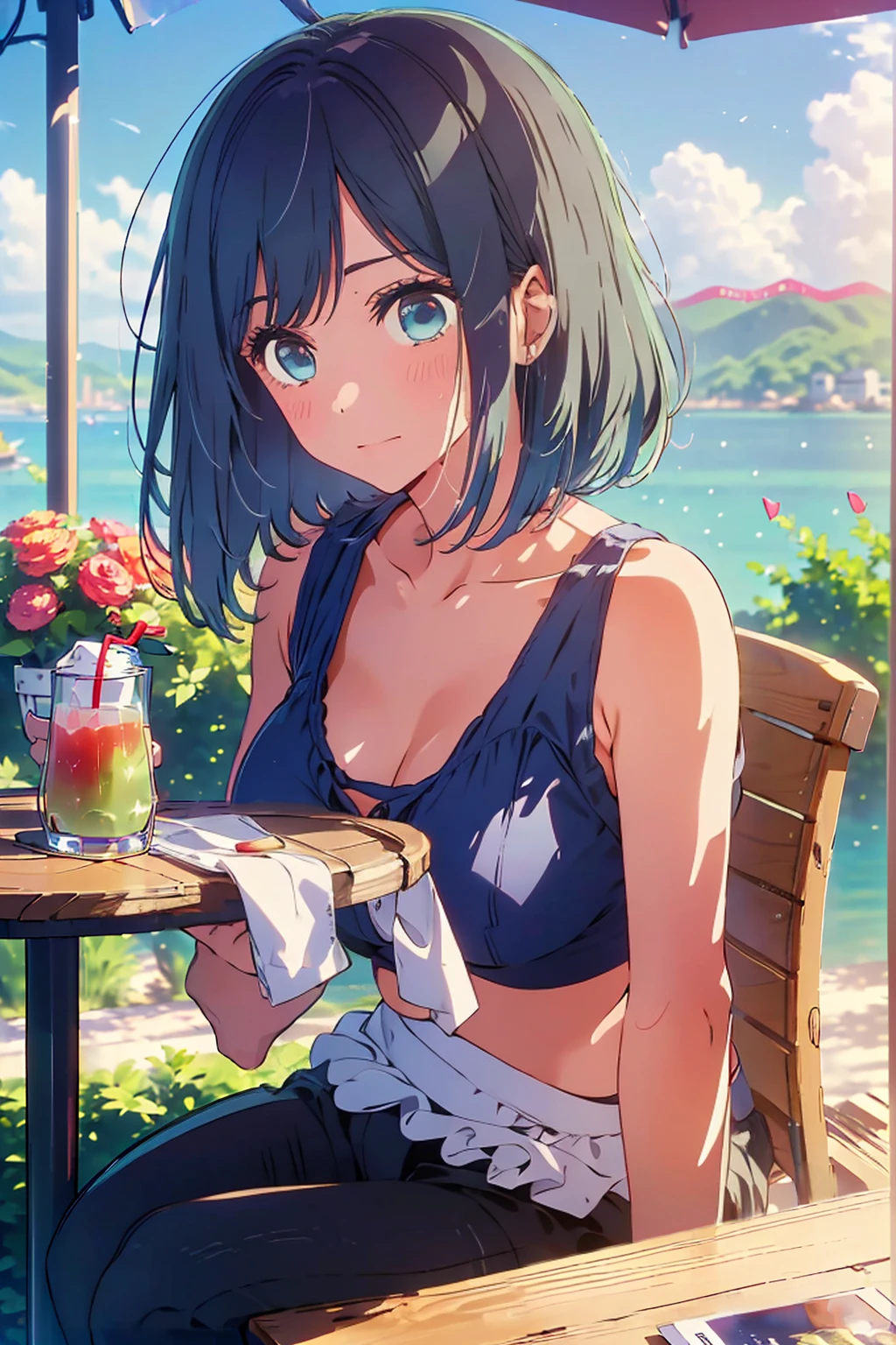 (Highest quality:1.4、masterpiece:1.4、Super detailed:1.4、8K:1.4)、F cup bust、Big Breasts、Slim body、((((1 person、sit、In the background are the urban buildings of Tokyo、looking at the camera、Outdoor café terrace、coastal、Navy hair color、juice、table、coastal、sunset、bikini、juiceのグラスを持つ、Very cute face))))、Big eyes、((((Shallow depth of field))))