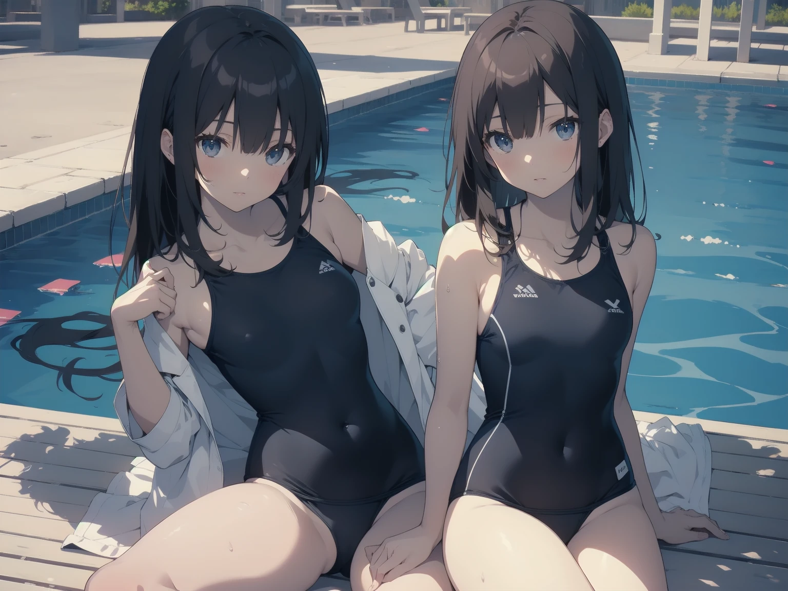 ultra-Top-quality by art God, ultra-detailed, high resolution, shinkai makoto style, anime moe artstyle, best anime 8k konachan wallpaper, pixiv contest winner, perfect anatomy, break,(Please draw a picture of a girl in a swimsuit sitting on a bench by the poolside alone.),break, a hyperrealistic school girl, parted lips, (Solo,lolita, kid, 13-year-old:1.3),Full limbs, complete fingers, androgynous charm, very long hair, wet hair, small breasts,slender body, Small butt, groin, Small black eyes,hanme,beautiful detailed eyes, well-proportioned iris and pupils, sleepily, highres detailed hair, swimsuit, wet swimsuit, bare shoulders, thighs,  in the school pool. break,super detailed skin, shiny skin, Best lighting powered by famous artist, 8k, illustration,UHD, textured skin,break,((artist:toosaka_asagi )), artist:clamp ,artist:carnelian ,artist:kantoku ,