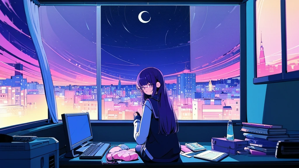 (from behind), Anime girl sitting in front of a computer in a cozy bedroom, Girl listening to music while studying in a cozy room (night), Using headphones, on the roof, (beautiful night views from windows), lots of things, 2D anime style, The aesthetics of anime in the 90s, lo-fi, long hair, very detailed, Hard disk, A mix of anime style and Fujifilm, surreal, 8K, masterpiece, violet eyes,black gloves, round glasses, long sleeves,violet hair, round glasses, Flat Chest, smile, pantyhose