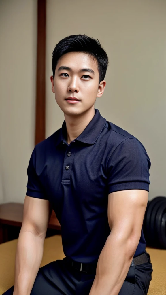 A male police officer in his 20s poses for a group photo., Wear a black polo shirt, high resolution, Masterpiece, best quality, head:1.3,, Smooth and fine skin, clear focus, (movie light), during the night, gentle light, Dynamic angle, (detailed face:1.2), (((exercise))), sport, His arm muscles were very big., hand in crotch, in his bedroom ,natural and delicate,