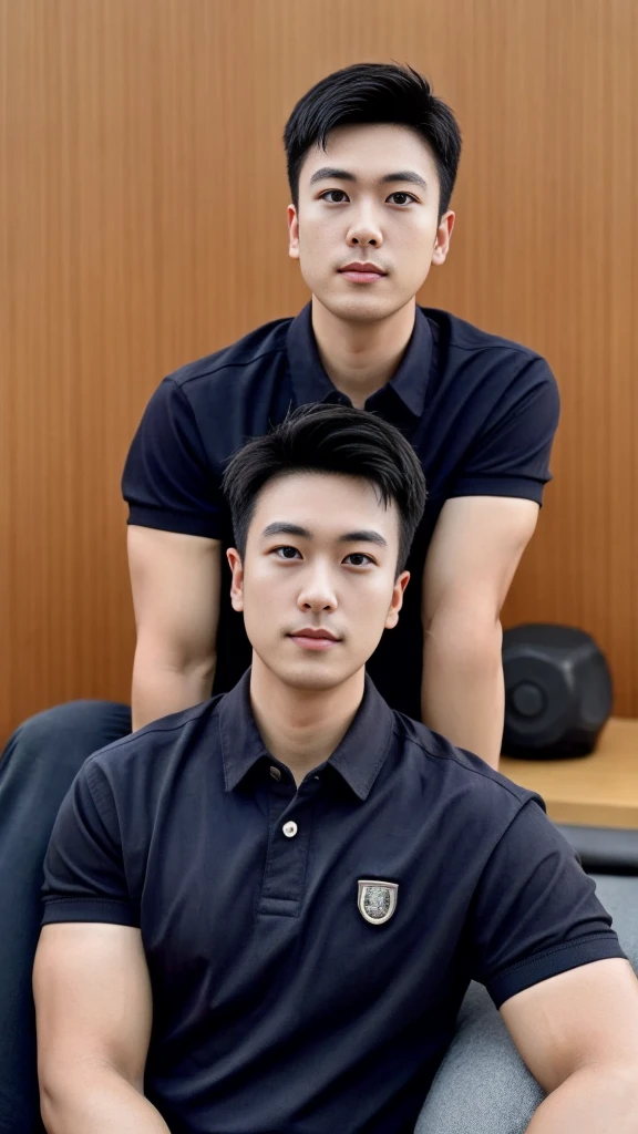 A male police officer in his 20s poses for a group photo., Wear a black polo shirt, high resolution, Masterpiece, best quality, head:1.3,, Smooth and fine skin, clear focus, (movie light), during the night, gentle light, Dynamic angle, (detailed face:1.2), (((exercise))), sport, His arm muscles were very big., hand in crotch, in his bedroom ,natural and delicate,