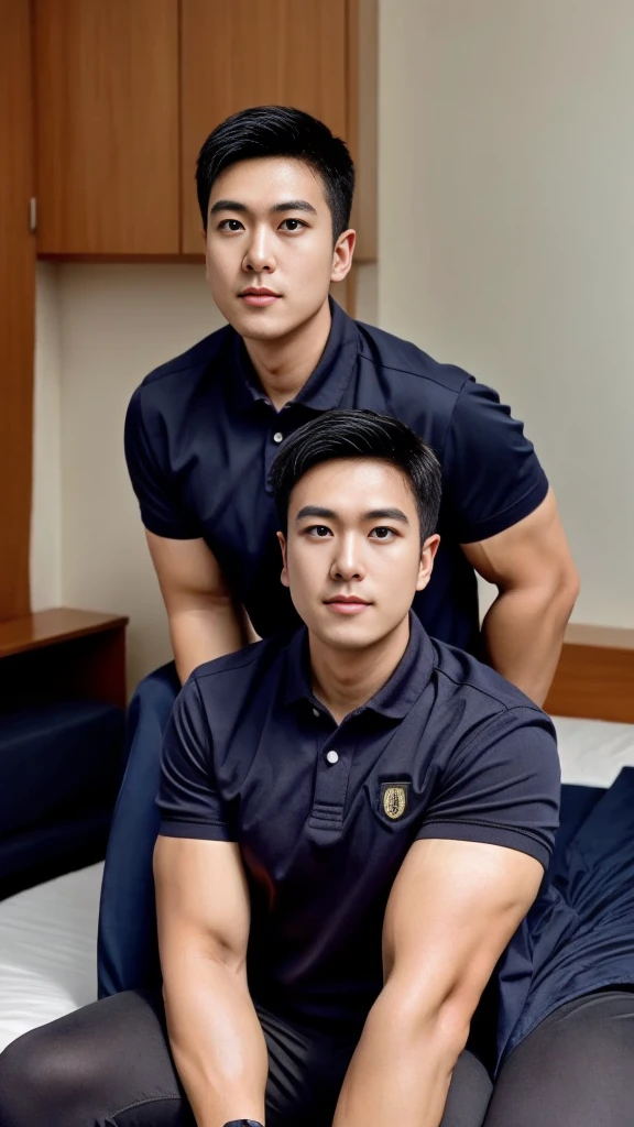 A male police officer in his 20s poses for a group photo., Wear a black polo shirt, high resolution, Masterpiece, best quality, head:1.3,, Smooth and fine skin, clear focus, (movie light), during the night, gentle light, Dynamic angle, (detailed face:1.2), (((exercise))), sport, His arm muscles were very big., hand in crotch, in his bedroom ,natural and delicate,