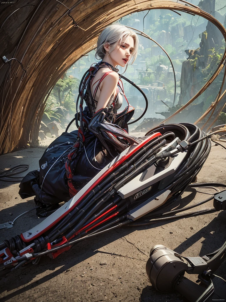 ((((masterpiece))), ((best quality))), ((ultra-detailed)), (CG illustration), ((an extremely delicate and beautiful)),(from side),cinematic light, ((1 mechanical girl)), single, full-body, (machine-made joint: 1.2), ( (mechanical limbs)), (blood vessels connected to tubes), (mechanical spine connected to back), ((mechanical cervical vertebrae attached to neck)), (sitting), forced laughter, (wires and cables around the neck: 1.2), (wires and cables on the head: 1.2) (character focus), sci-fi, extremely thin, colored, the finest white hair, red eyes, in battle, (knotted), (killing), (1 immortal)