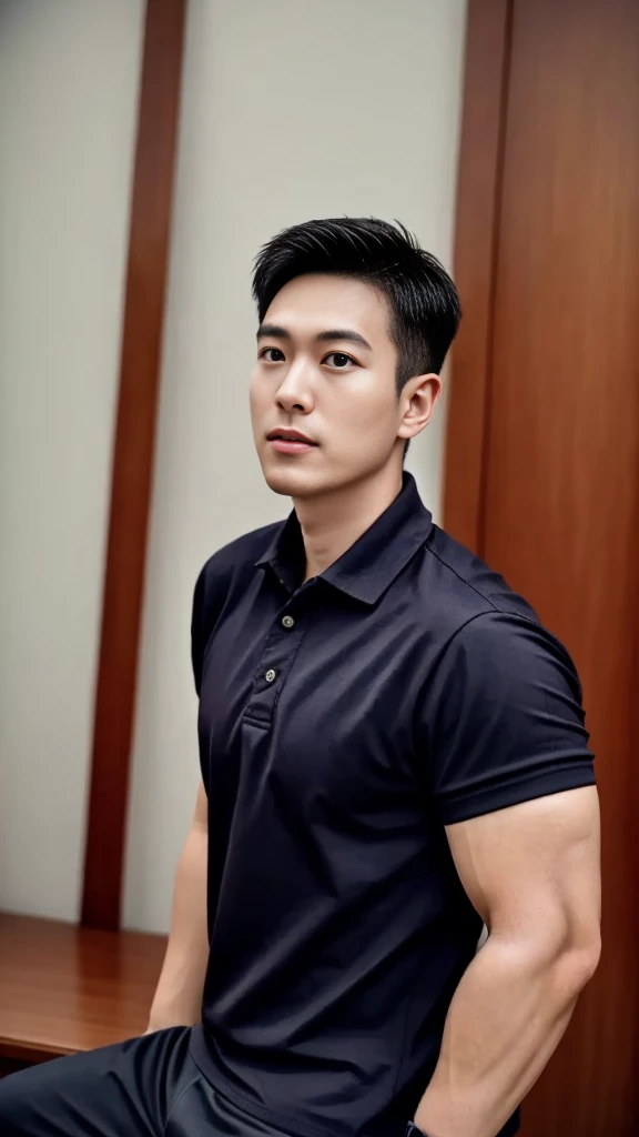 A male police officer in his 20s poses for a group photo., Wear a black polo shirt, high resolution, Masterpiece, best quality, head:1.3,, Smooth and fine skin, clear focus, (movie light), during the night, gentle light, Dynamic angle, (detailed face:1.2), (((exercise))), sport, His arm muscles were very big., hand in crotch, in his bedroom ,natural and delicate,