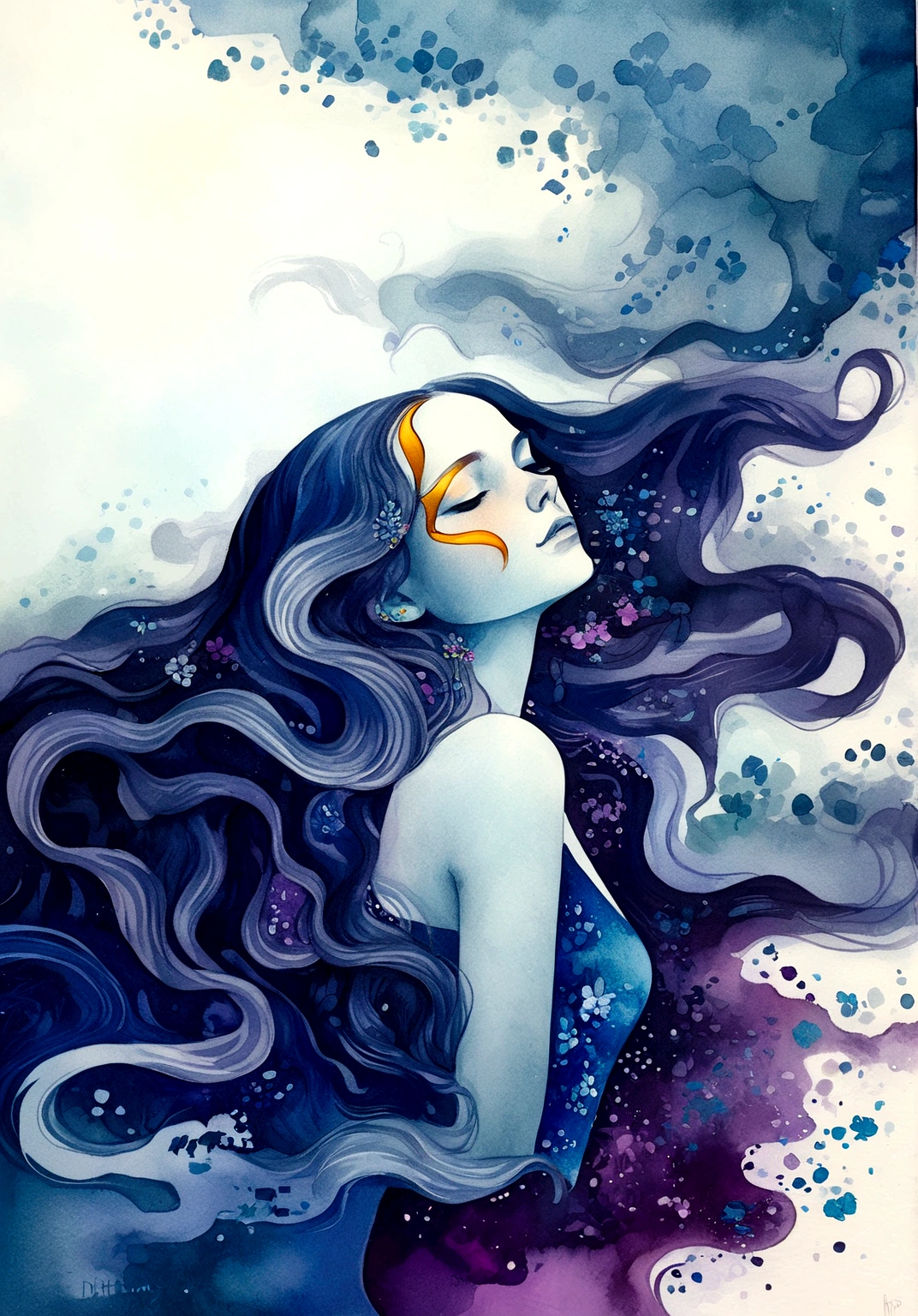 a painting of a woman with long hair and a blue dress, a watercolor painting by Anna Dittmann, tumblr, metaphysical painting, in style of anna dittmann, a beautiful artwork illustration, charlie bowater art style, jen bartel, artistic illustration, beautiful illustration, style of charlie bowater, watercolor detailed art, anna dittman, exquisite digital illustration